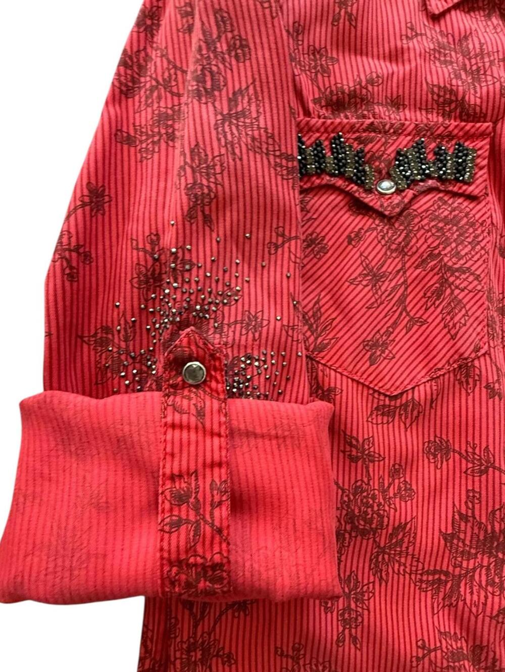 Dshe  Red Floral Stripe Snap Button Shirt Dress Rhinestone Embellished S - Picture 3 of 6